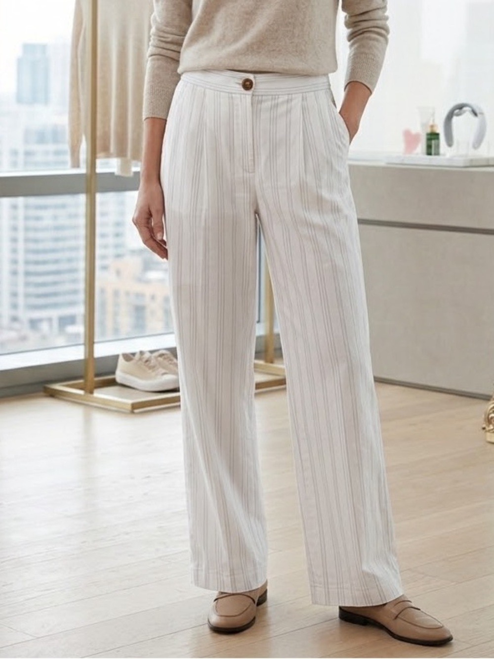 Vince Cream Pinstripe Wide-Leg Trousers